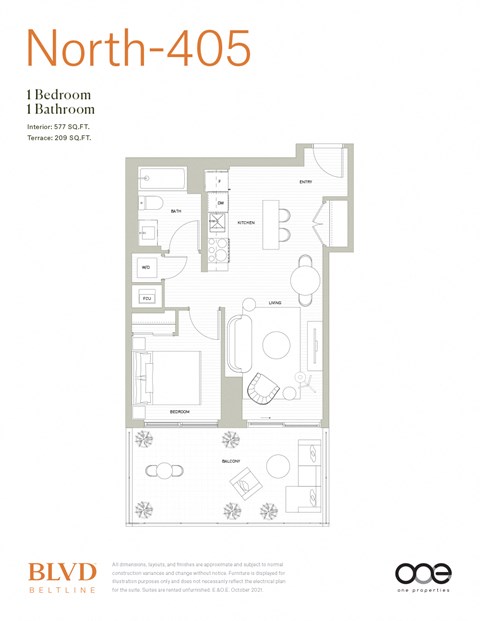 Floor plan for 1 bed, 1 bath, 577 sqft